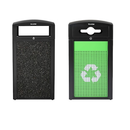 Alpine Industries 80 Gal. All-Weather Outdoor Grey Stone Panel Trash Can and Steel Recycling Bin Combo Station ALP471-40-GYGC-MK